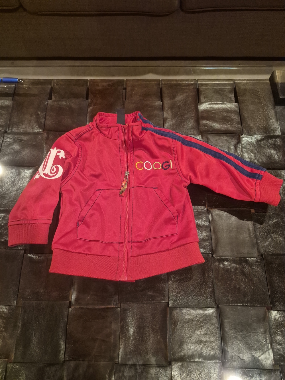 COOGI Bright Red Kids Zip-Up Jean Jacket with Navy Stripes
